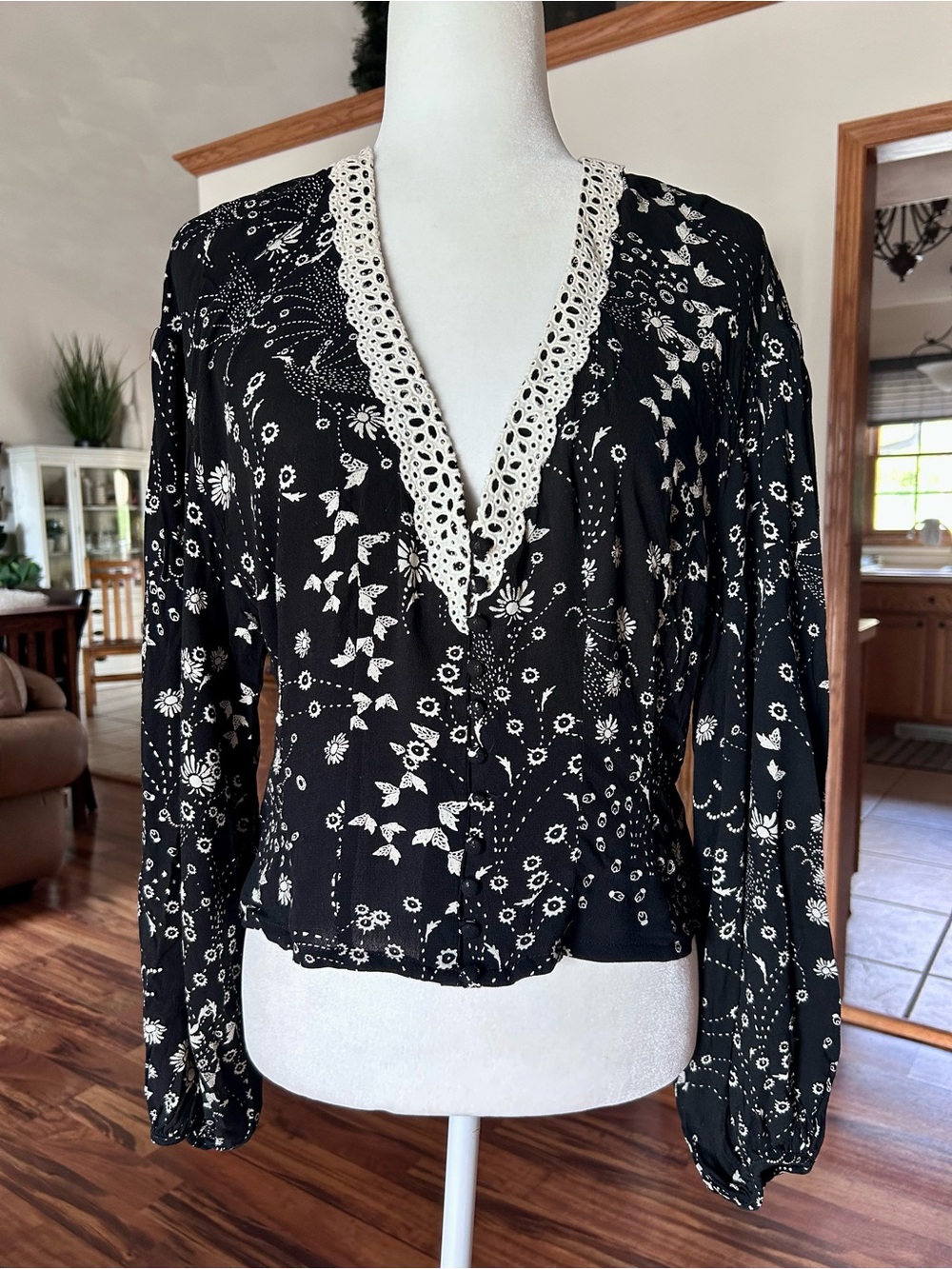 Free People Black Floral Button-Up Blouse with Cream Crochet Trim